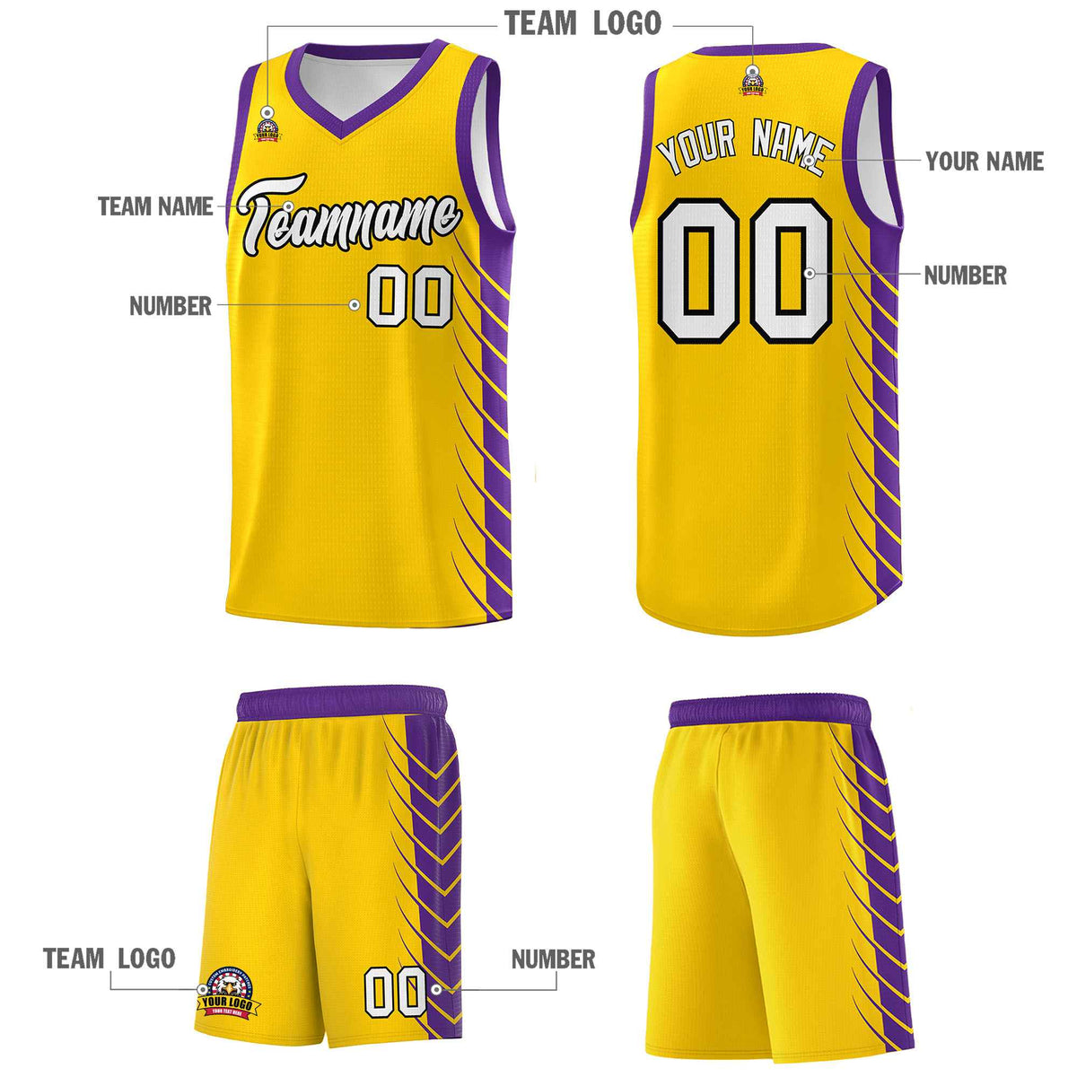 Custom Gold Purple Personalized Side Symmetrical Line Pattern Sports Uniform Basketball Jersey