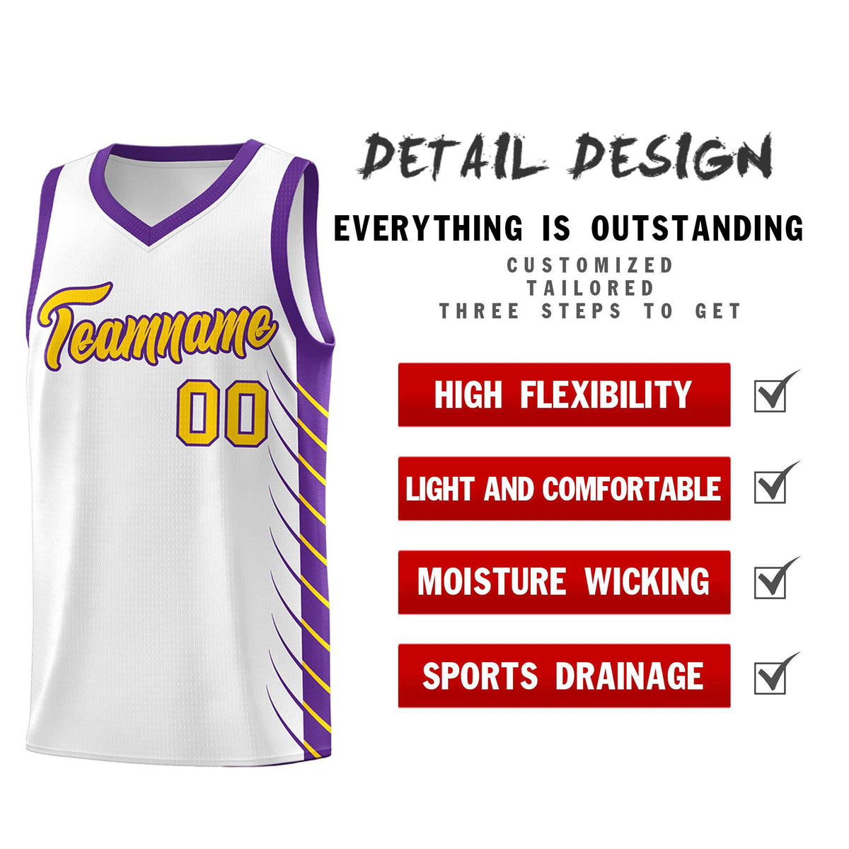 Custom White Purple Personalized Side Symmetrical Line Pattern Sports Uniform Basketball Jersey