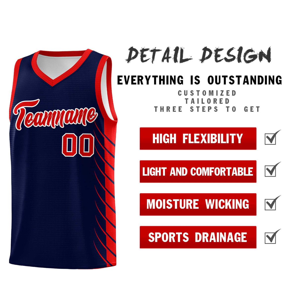 Custom Navy Red Personalized Side Symmetrical Line Pattern Sports Uniform Basketball Jersey