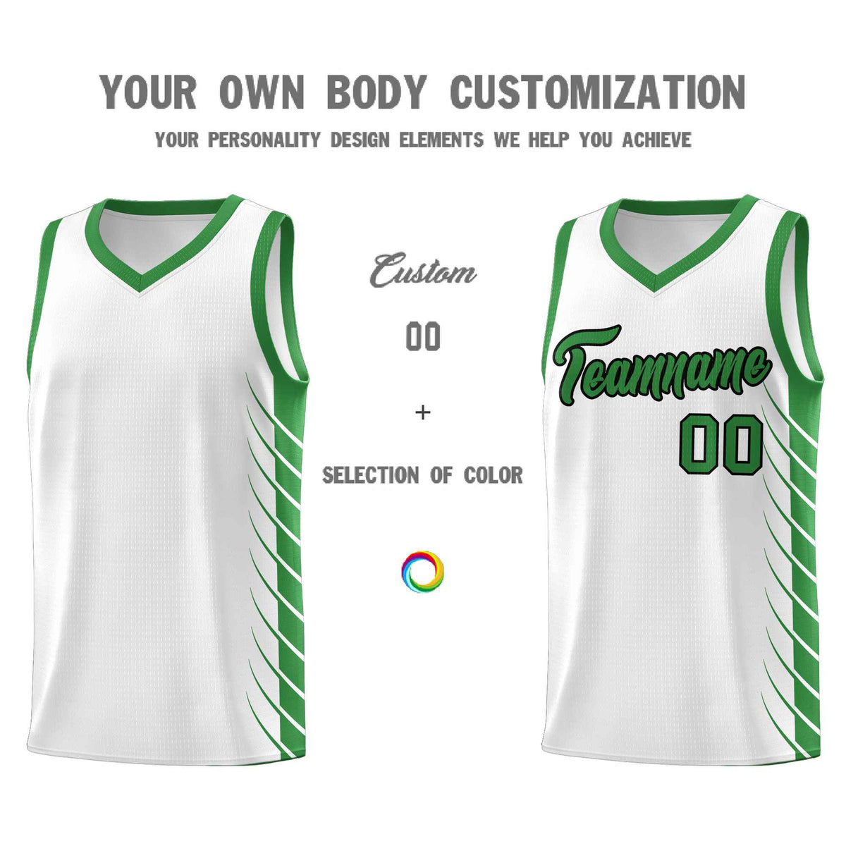 Custom White Kelly Green Personalized Side Symmetrical Line Pattern Sports Uniform Basketball Jersey