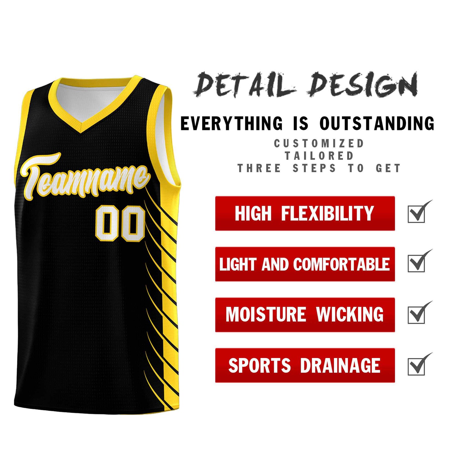 Custom Black Gold Personalized Side Symmetrical Line Pattern Sports Uniform Basketball Jersey