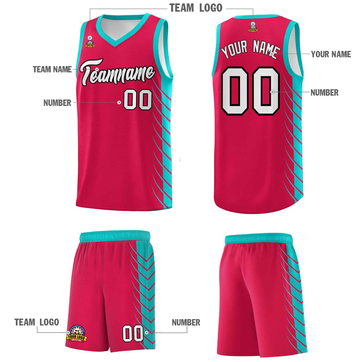 Custom Red Aqua Personalized Side Symmetrical Line Pattern Sports Uniform Basketball Jersey