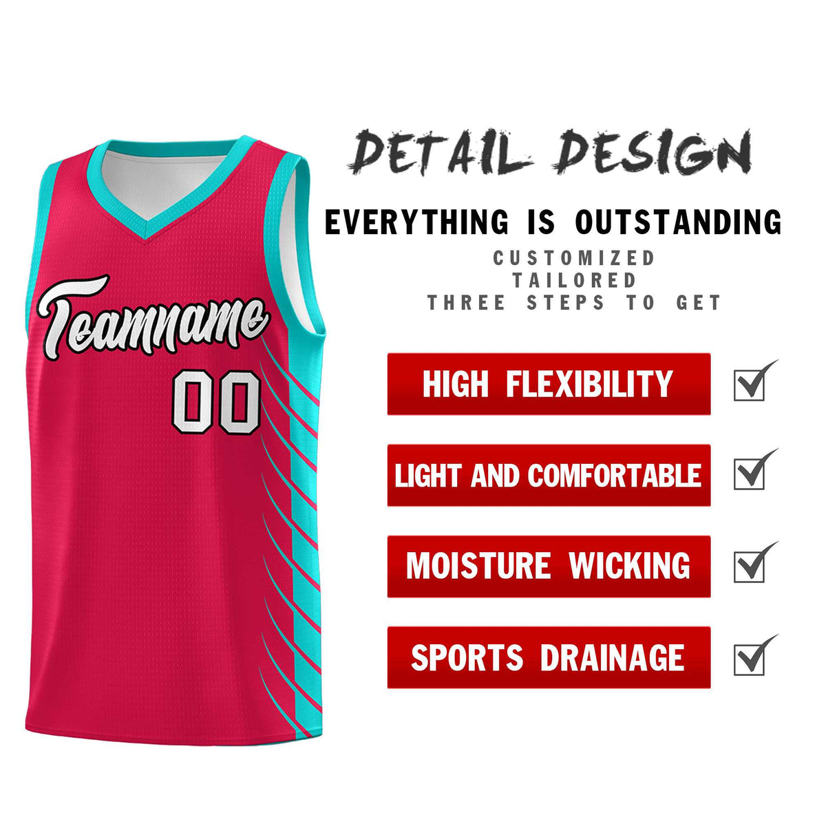Custom Red Aqua Personalized Side Symmetrical Line Pattern Sports Uniform Basketball Jersey