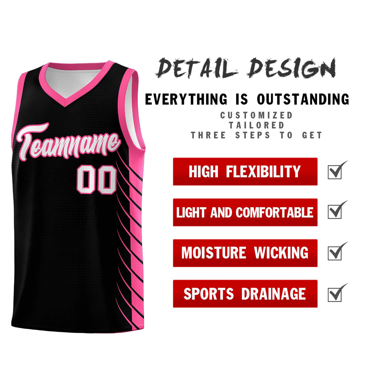 Custom Black Pink Personalized Side Symmetrical Line Pattern Sports Uniform Basketball Jersey