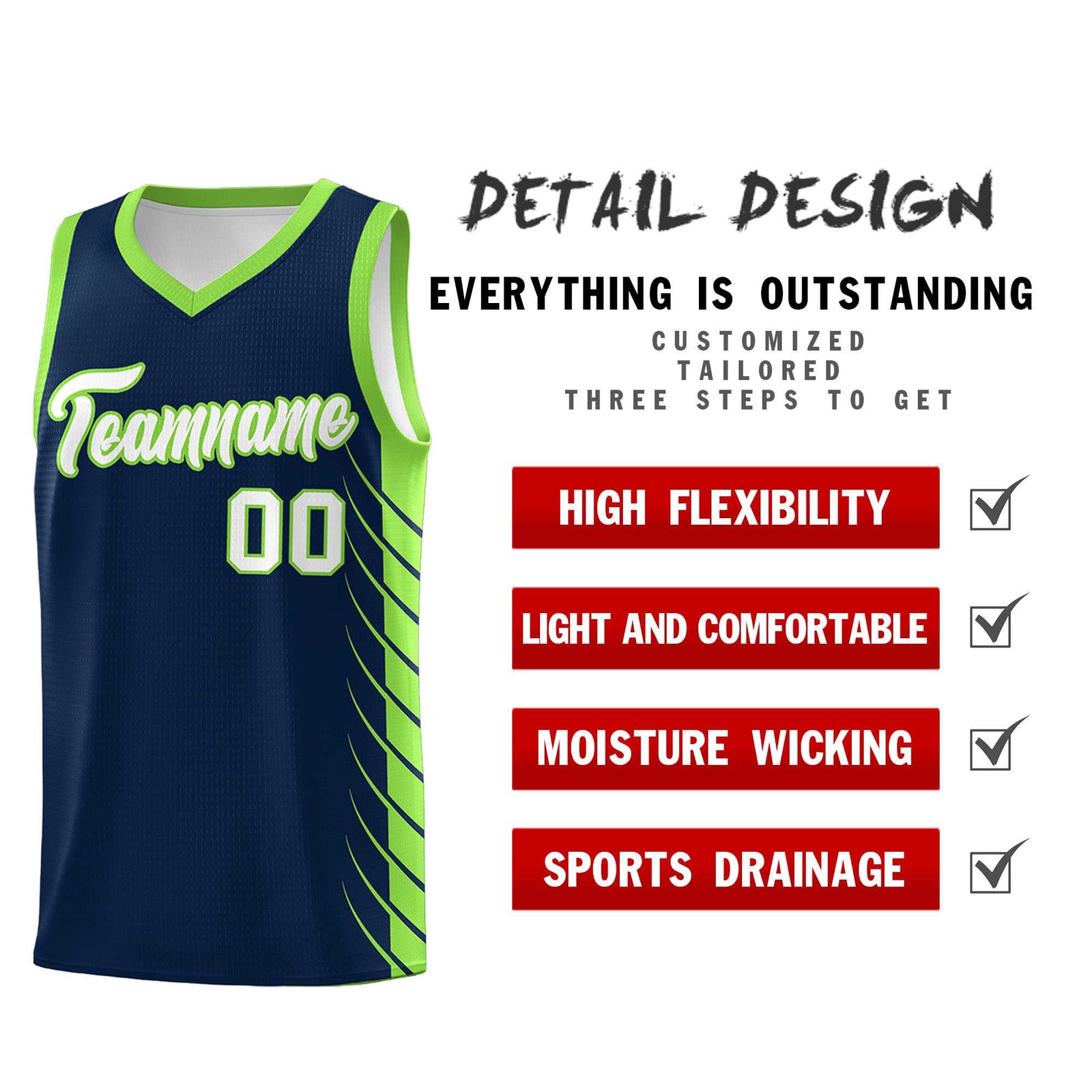 Custom Navy Fluorescent Green Personalized Side Symmetrical Line Pattern Sports Uniform Basketball Jersey