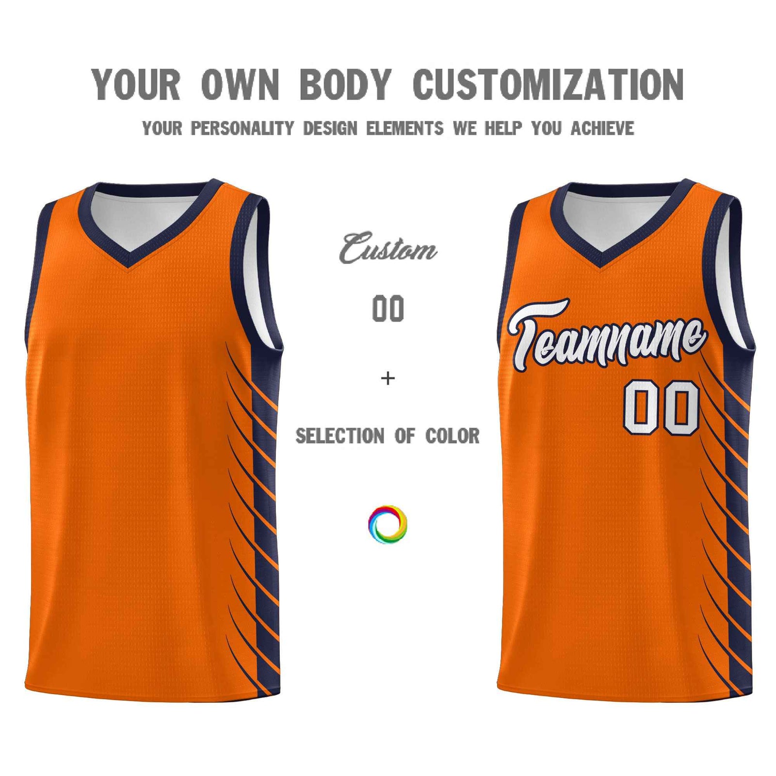 Custom Orange Navy Personalized Side Symmetrical Line Pattern Sports Uniform Basketball Jersey