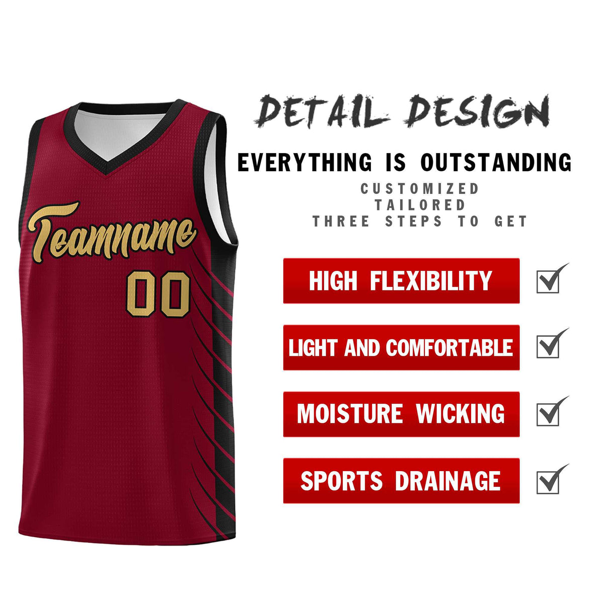 Custom Crimson Black Personalized Side Symmetrical Line Pattern Sports Uniform Basketball Jersey