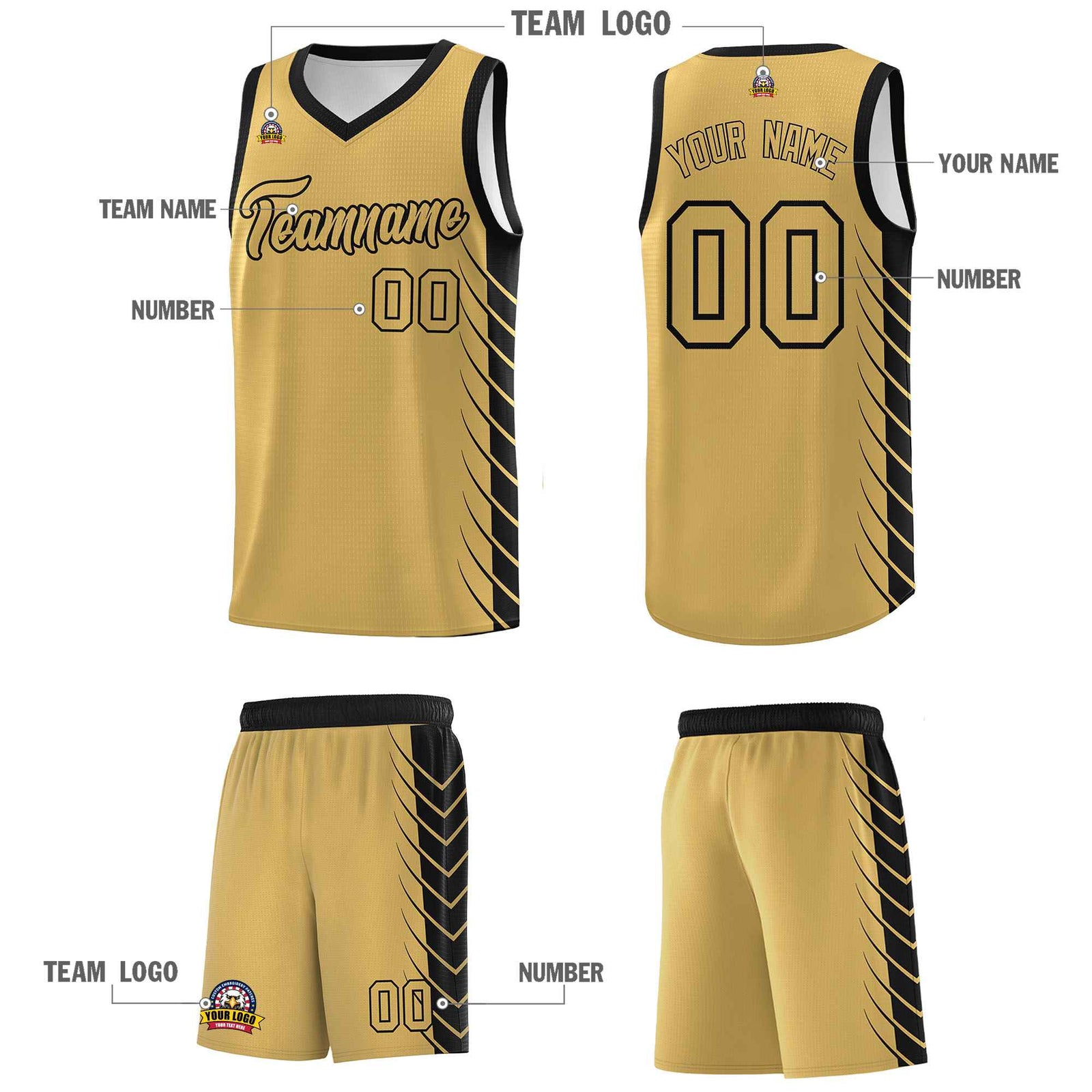 Custom Old Gold Black Personalized Side Symmetrical Line Pattern Sports Uniform Basketball Jersey