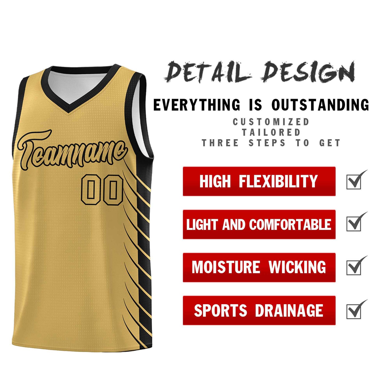 Custom Old Gold Black Personalized Side Symmetrical Line Pattern Sports Uniform Basketball Jersey