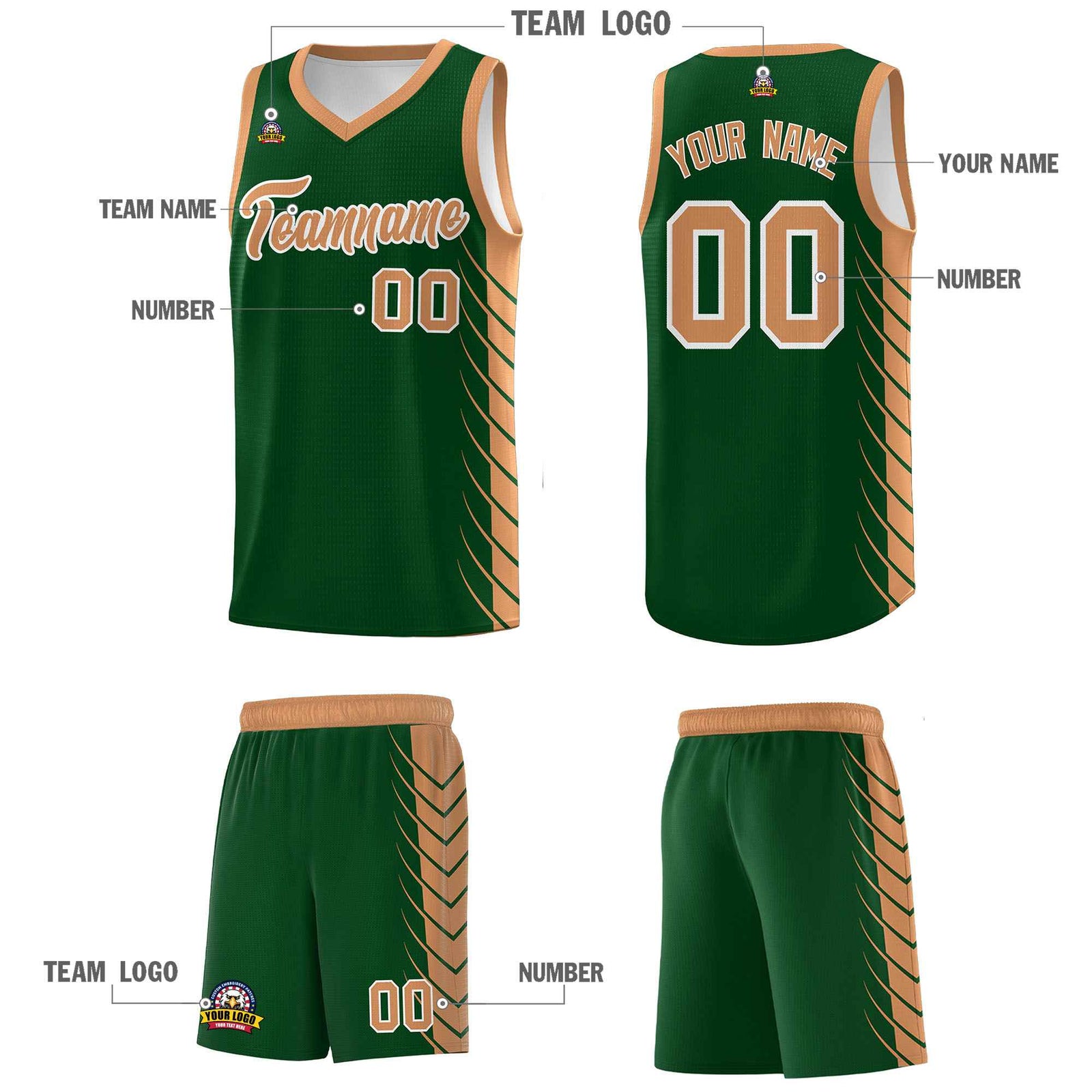 Custom Green Buckskin Brown Personalized Side Symmetrical Line Pattern Sports Uniform Basketball Jersey