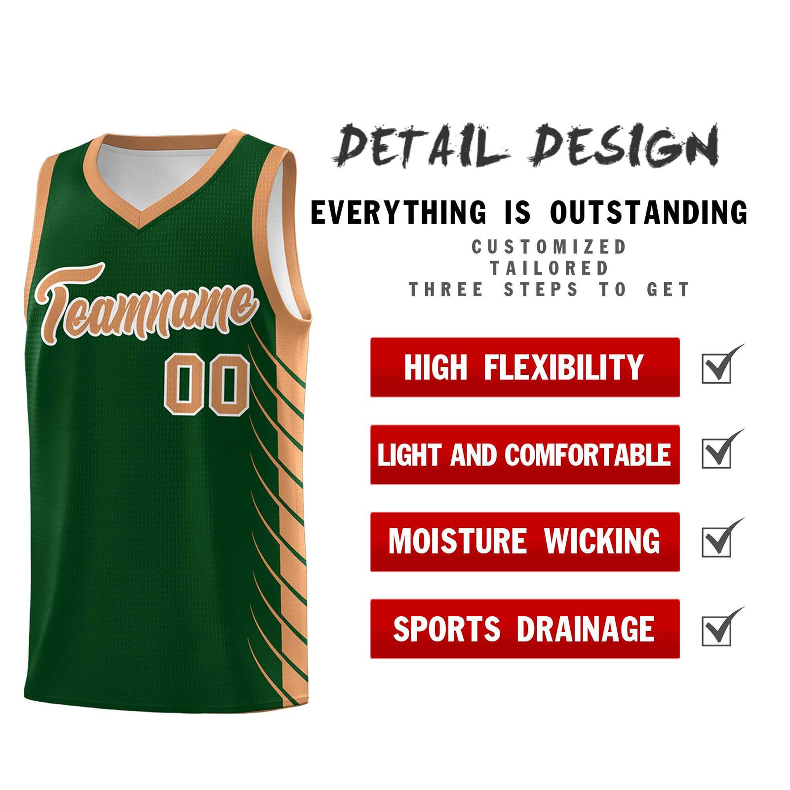 Custom Green Buckskin Brown Personalized Side Symmetrical Line Pattern Sports Uniform Basketball Jersey