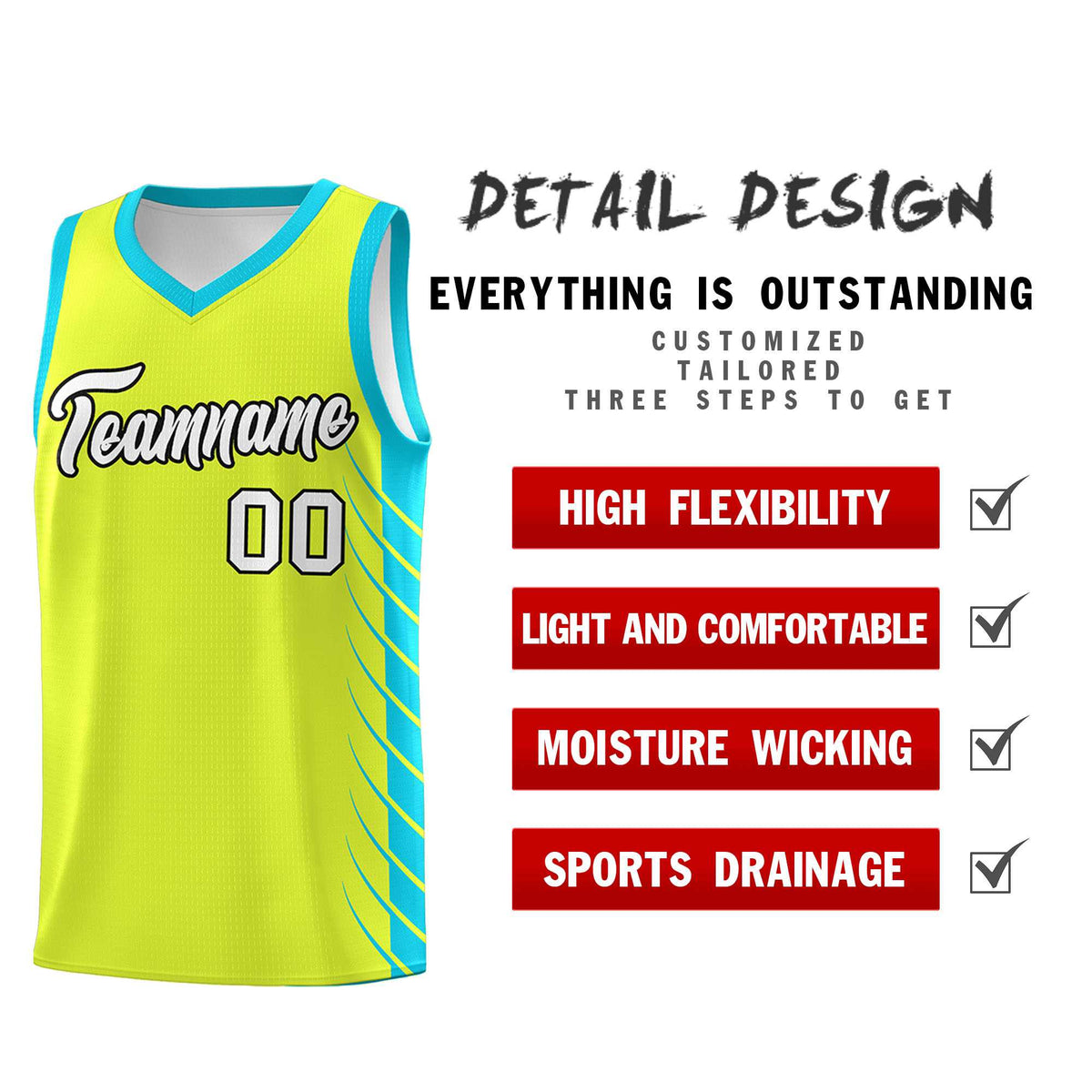 Custom Fluorescent Green Sky Blue Personalized Side Symmetrical Line Pattern Sports Uniform Basketball Jersey
