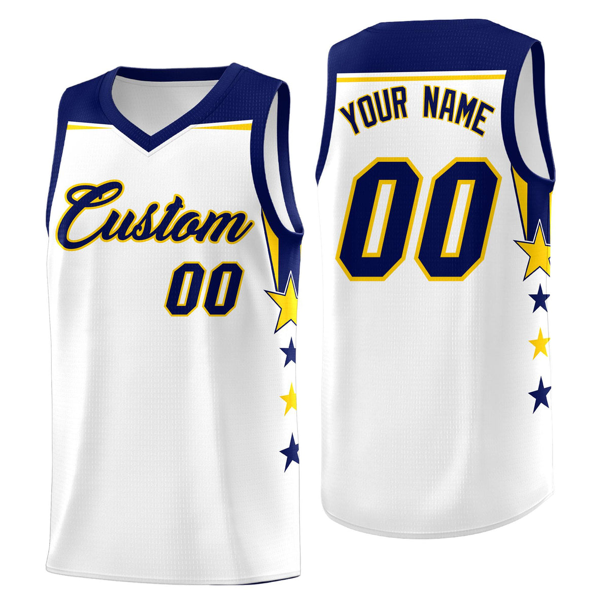Custom Youth Basketball Uniform White Navy Two Tone Side Star Personalized Team Jersey
