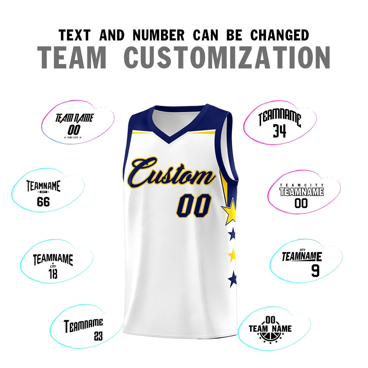 Custom Youth Basketball Uniform White Navy Two Tone Side Star Personalized Team Jersey