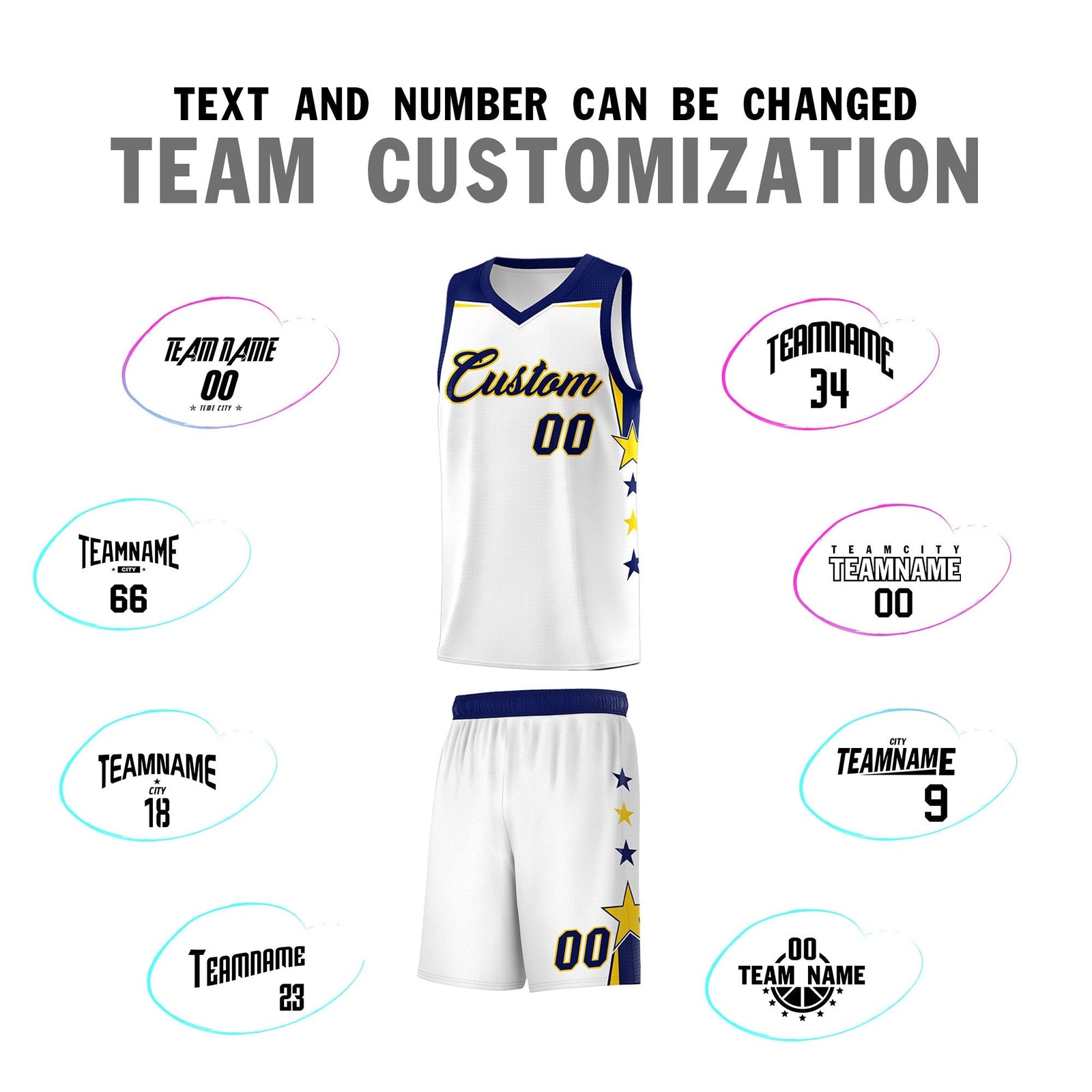 Custom Youth Basketball Uniform White Navy Two Tone Side Star Personalized Team Jersey