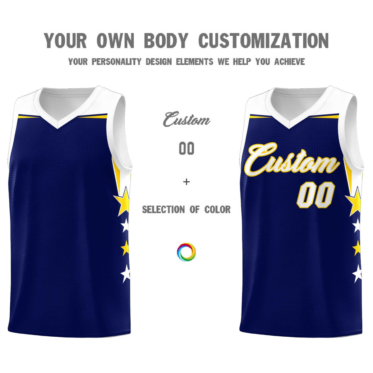 Custom Youth Basketball Uniform Navy White Two Tone Side Star Add Name Number & Logo