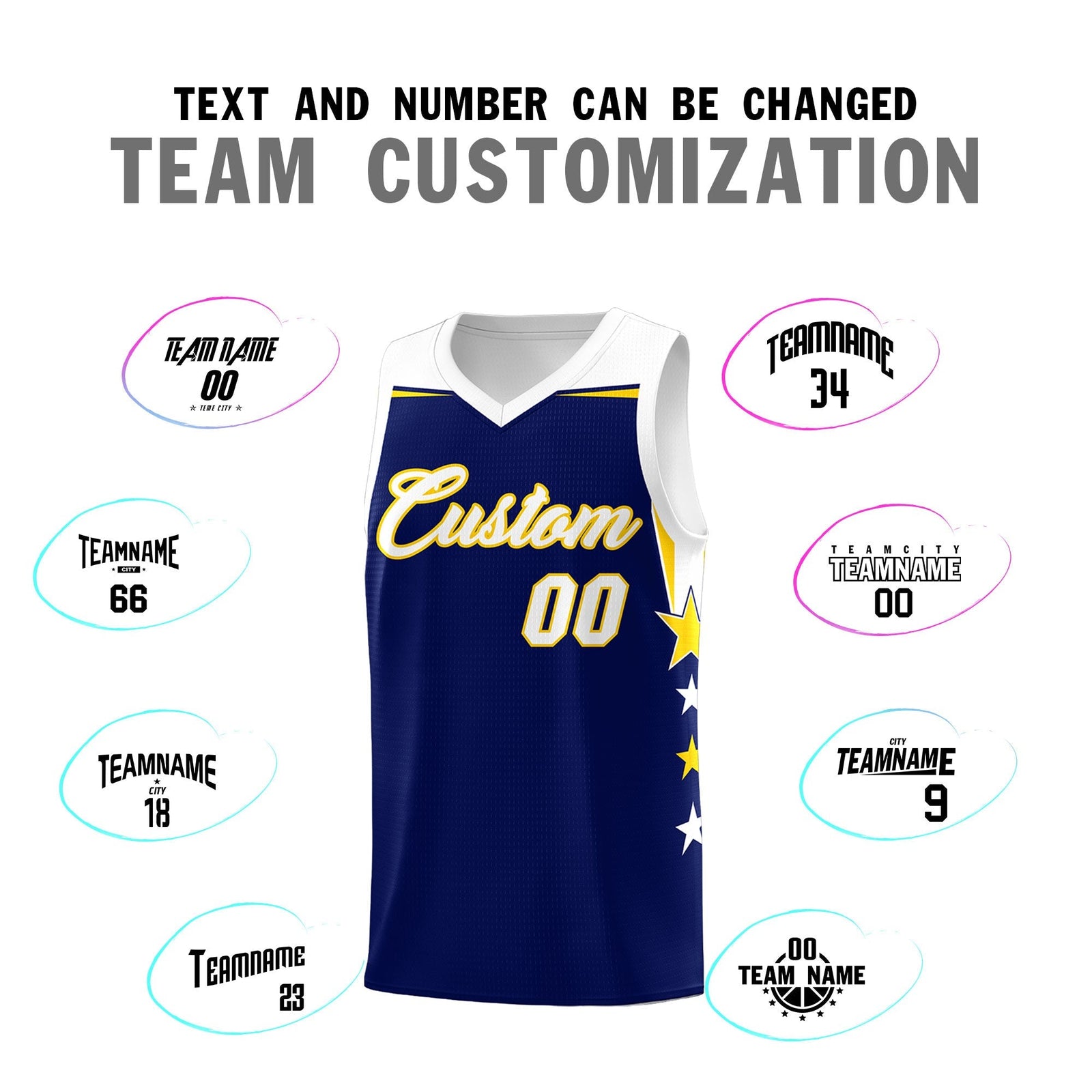 Custom Youth Basketball Uniform Navy White Two Tone Side Star Add Name Number & Logo
