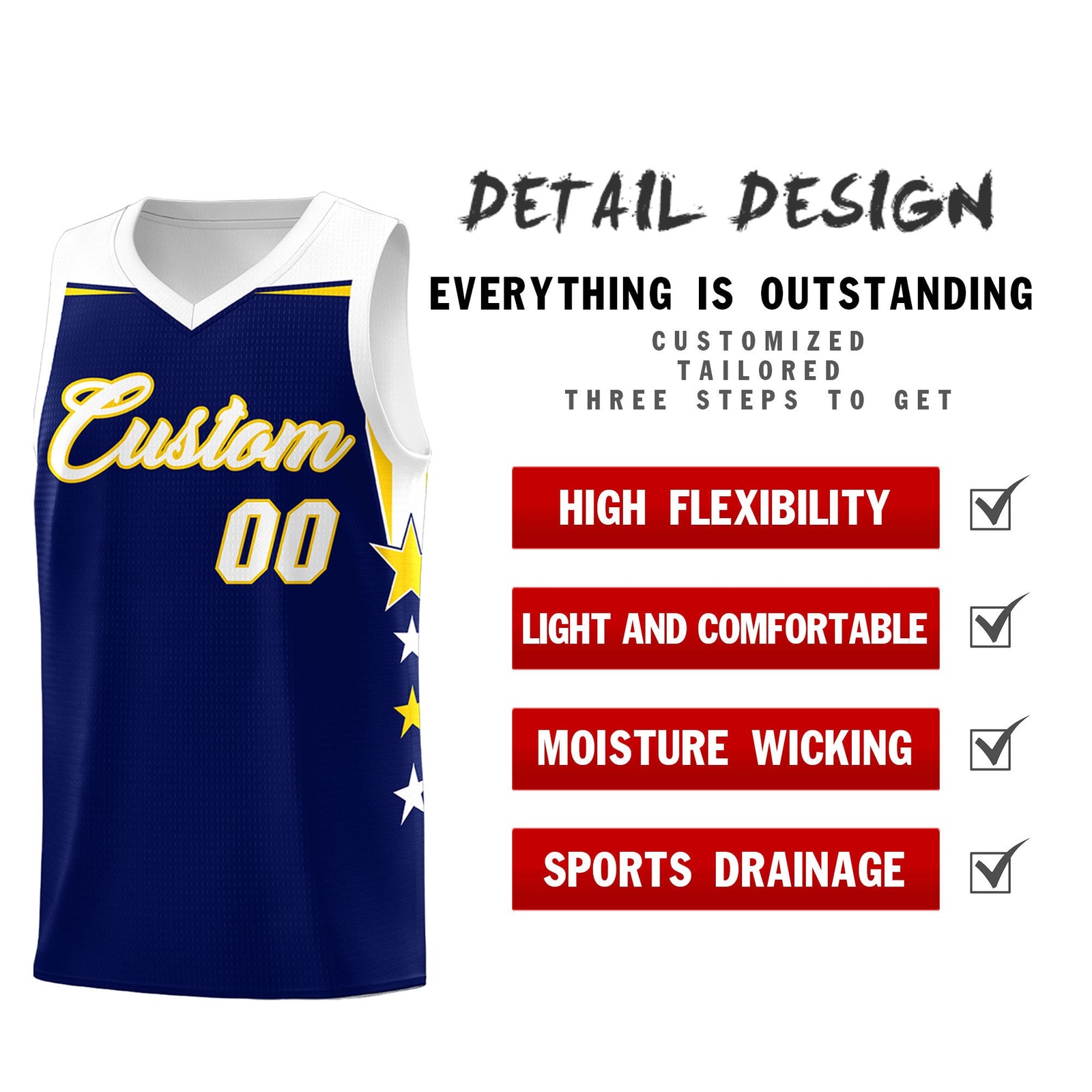 Custom Youth Basketball Uniform Navy White Two Tone Side Star Add Name Number & Logo