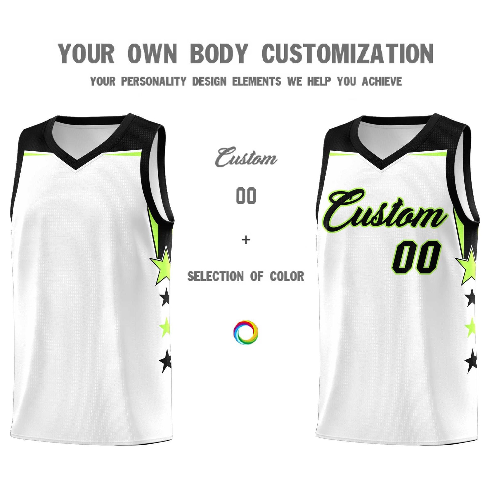 Custom Youth Basketball Uniform White Black Two Tone Side Star Add Name Number & Logo