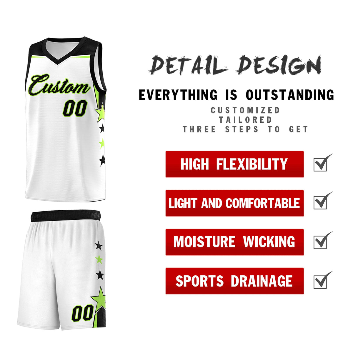 Custom Youth Basketball Uniform White Black Two Tone Side Star Add Name Number & Logo