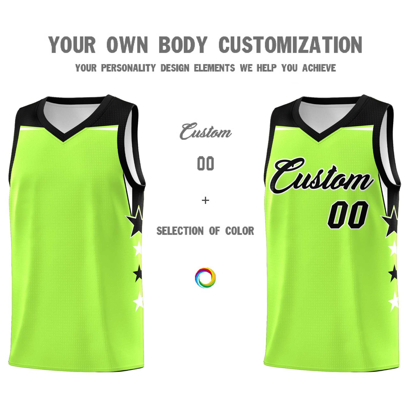 Custom Youth Basketball Uniform Fluorescent Green Black Two Tone Side Star Add Name Number & Logo
