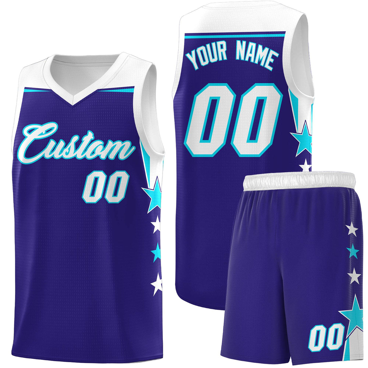Custom Youth Basketball Uniform Royal White Two Tone Side Star Add Name Number & Logo