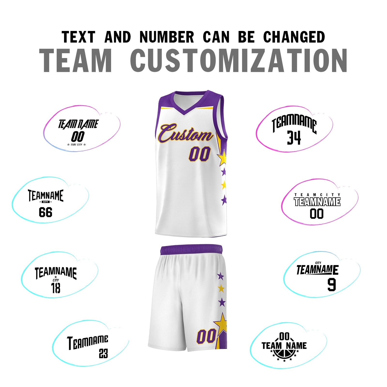 Custom Youth Basketball Uniform White Purple Two Tone Side Star Color Block Team Jersey