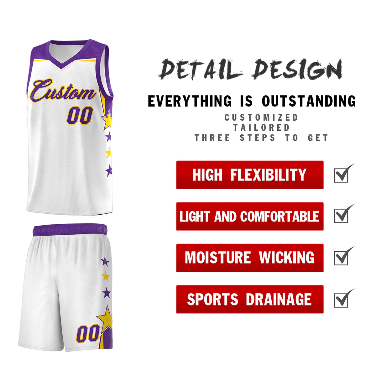 Custom Youth Basketball Uniform White Purple Two Tone Side Star Color Block Team Jersey