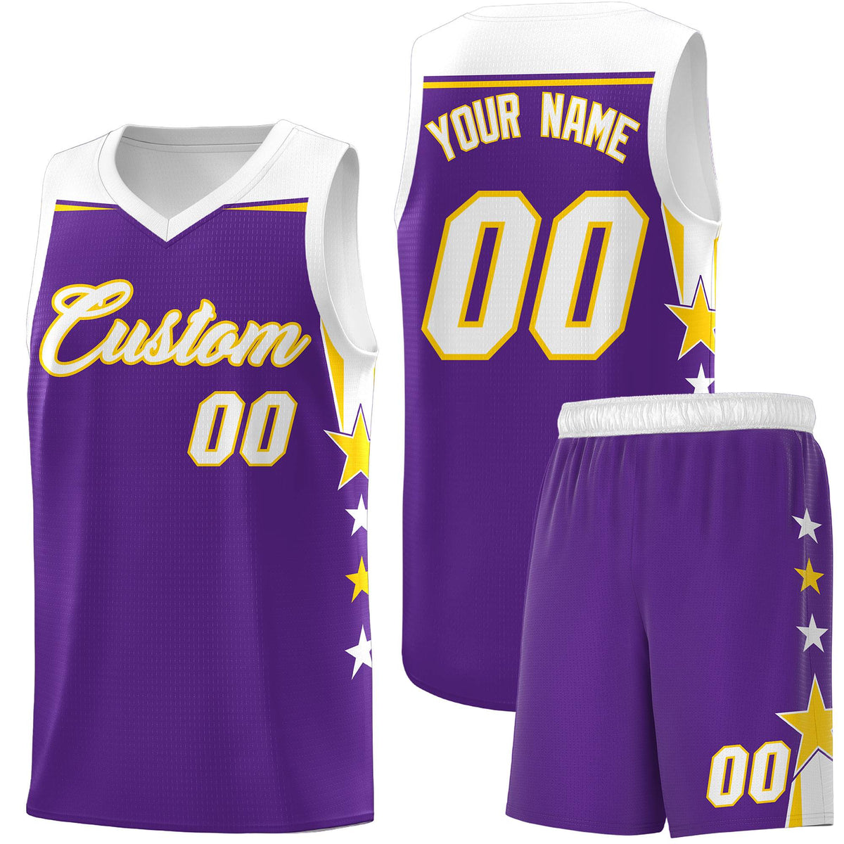Custom Youth Basketball Uniform Purple White Two Tone Side Star Add Name Number & Logo