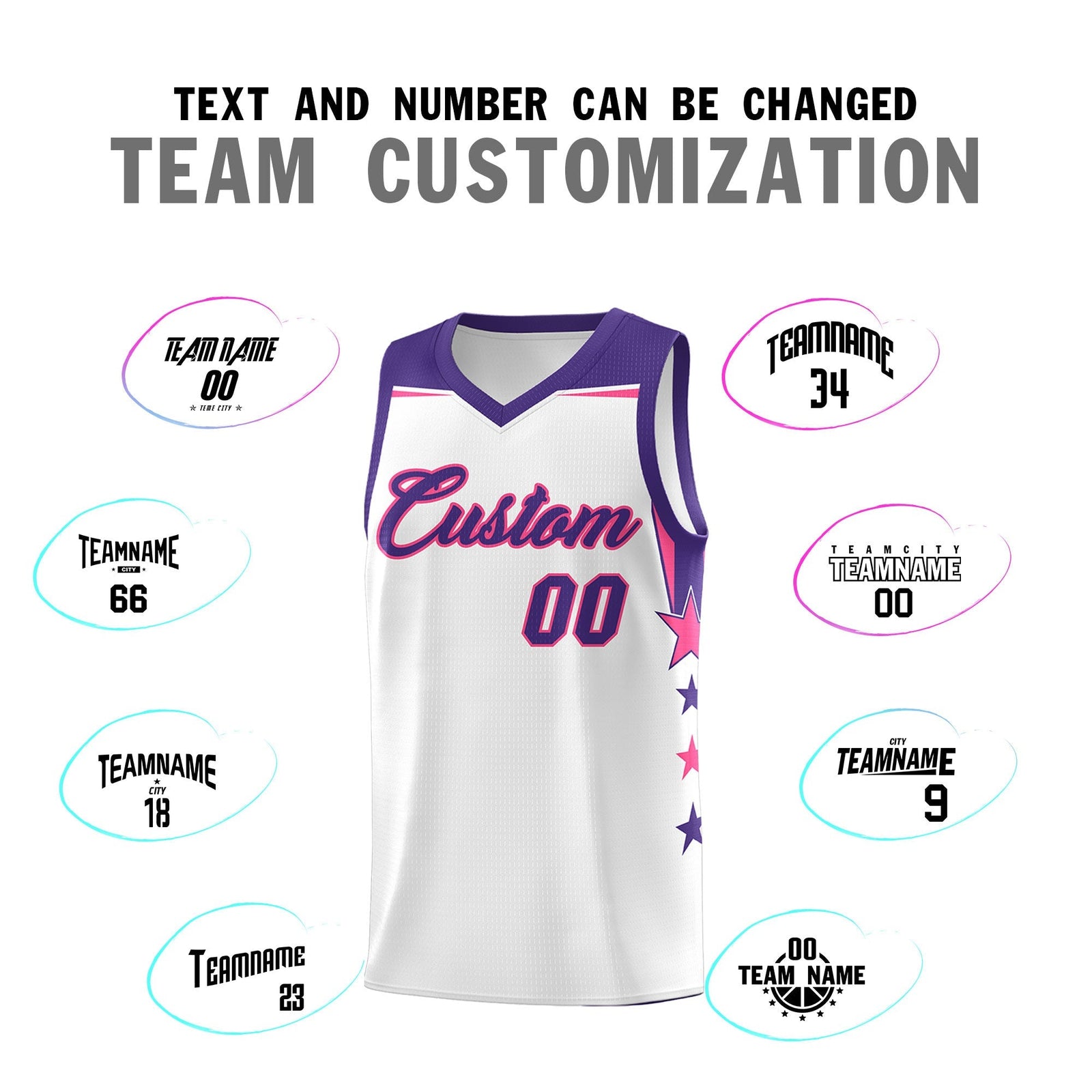 Custom Youth Basketball Uniform White Purple Two Tone Side Star Color Block Team Jersey