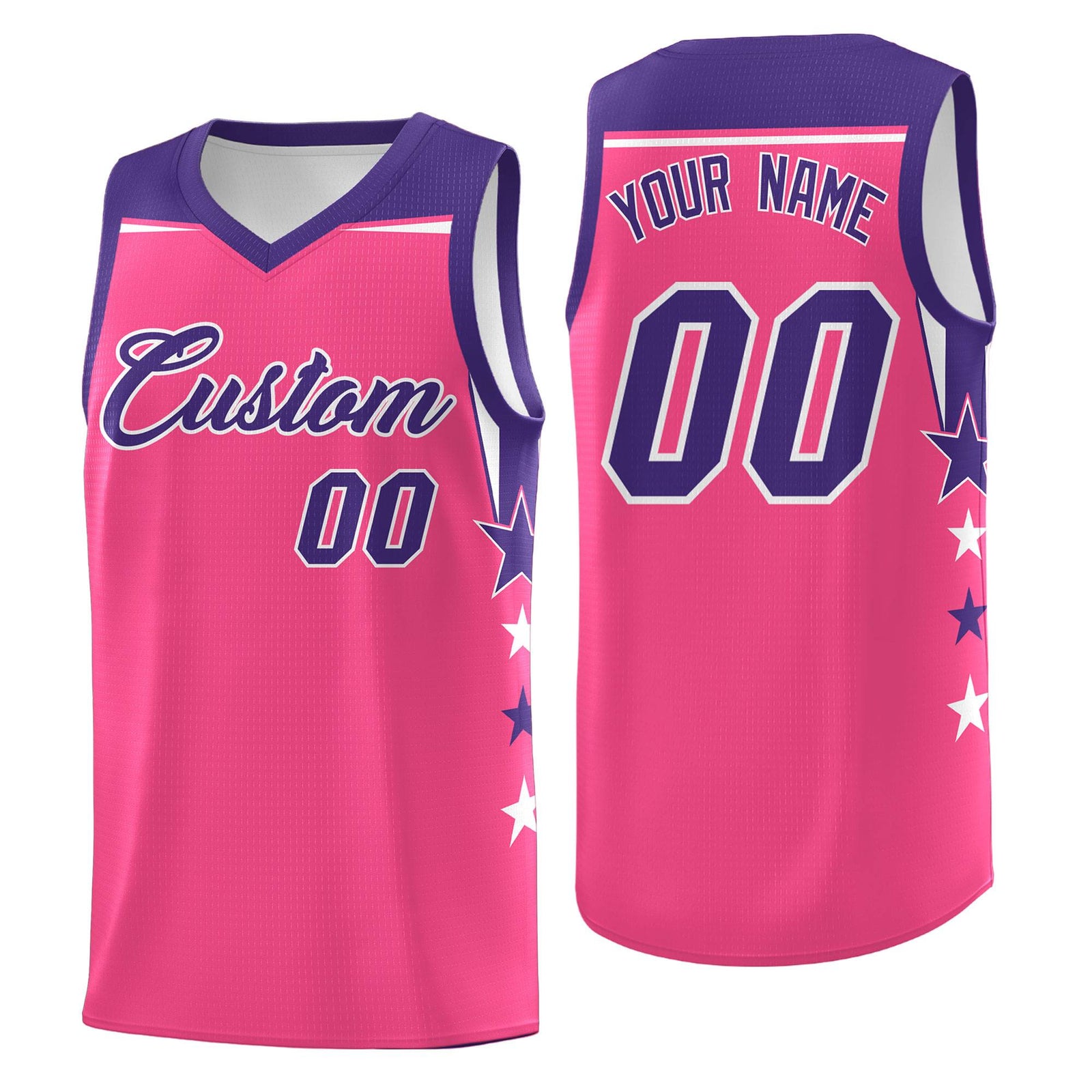 Custom Youth Basketball Uniform Pink Purple Two Tone Side Star Add Name Number & Logo