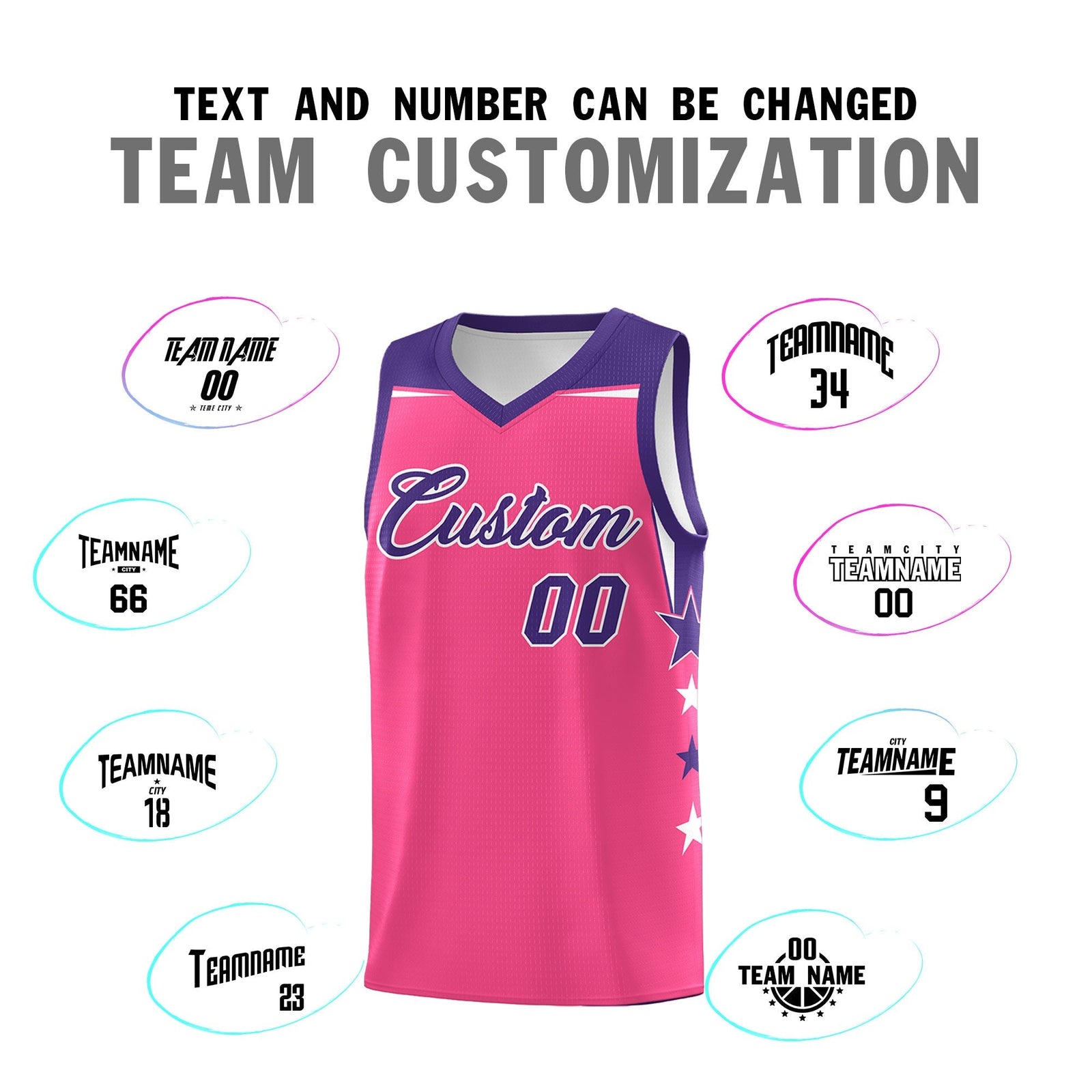 Custom Youth Basketball Uniform Pink Purple Two Tone Side Star Add Name Number & Logo