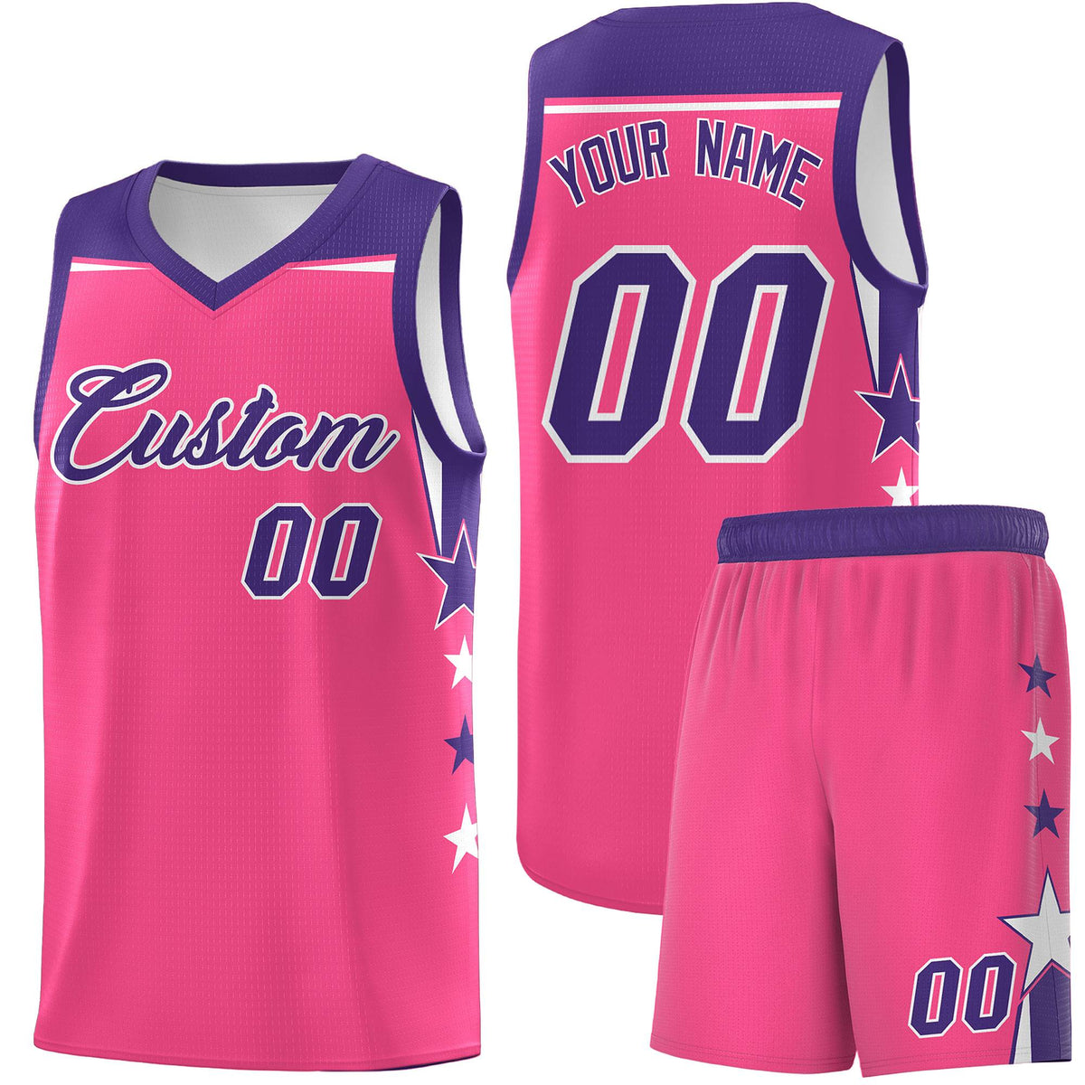 Custom Youth Basketball Uniform Pink Purple Two Tone Side Star Add Name Number & Logo