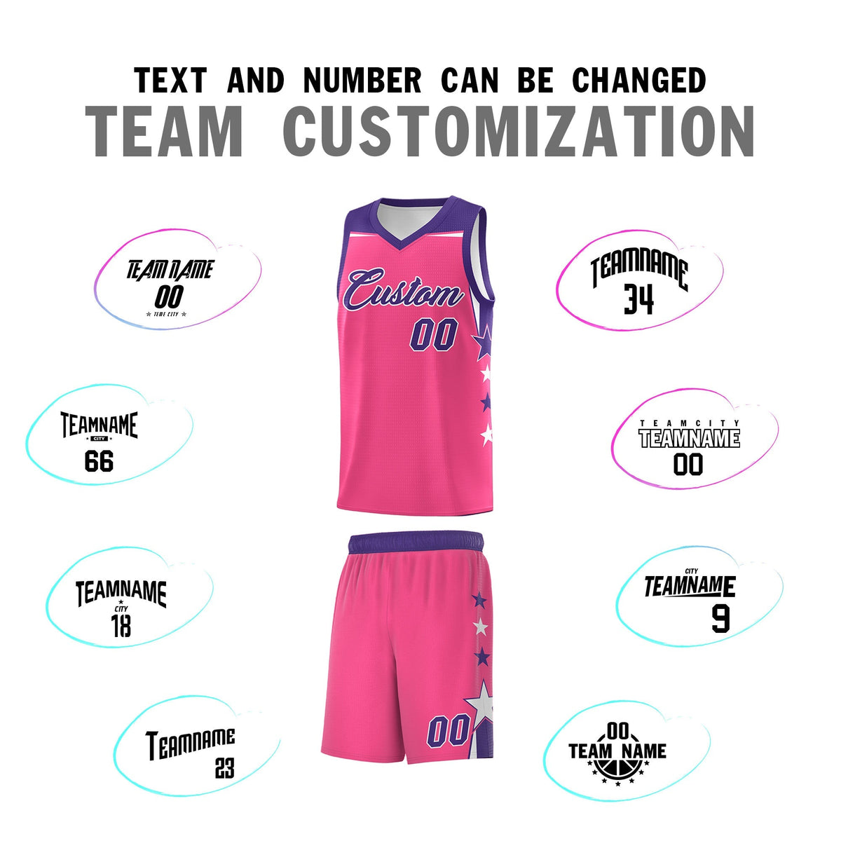 Custom Youth Basketball Uniform Pink Purple Two Tone Side Star Add Name Number & Logo
