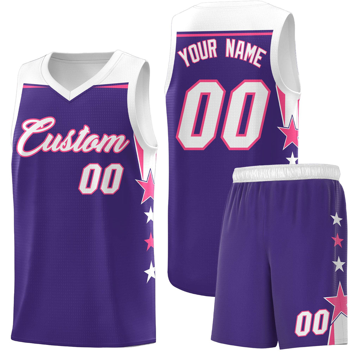Custom Youth Basketball Uniform Purple White Two Tone Side Star Personalized Team Jersey