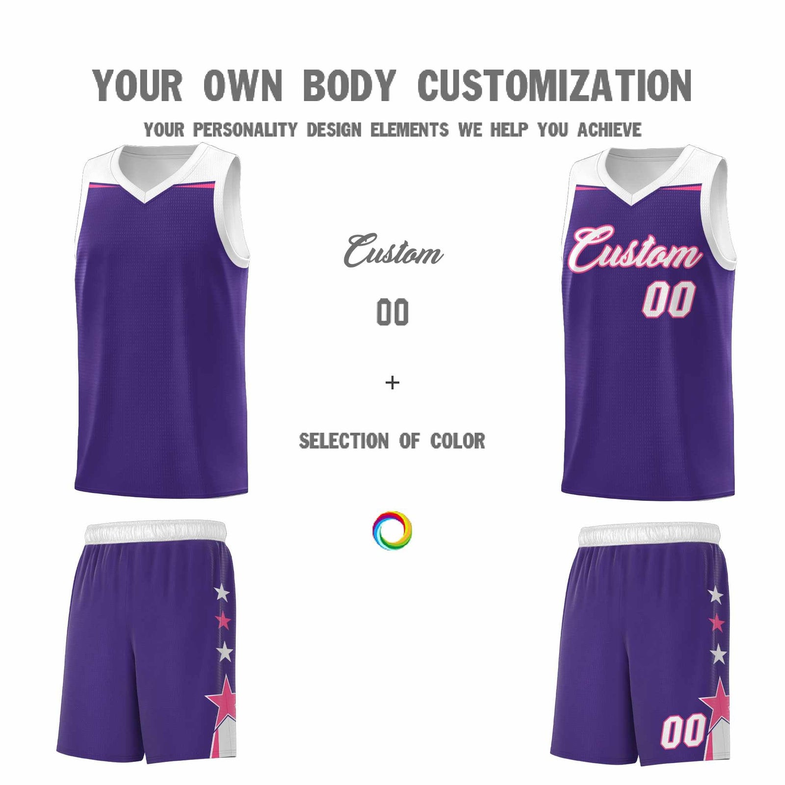 Custom Youth Basketball Uniform Purple White Two Tone Side Star Personalized Team Jersey