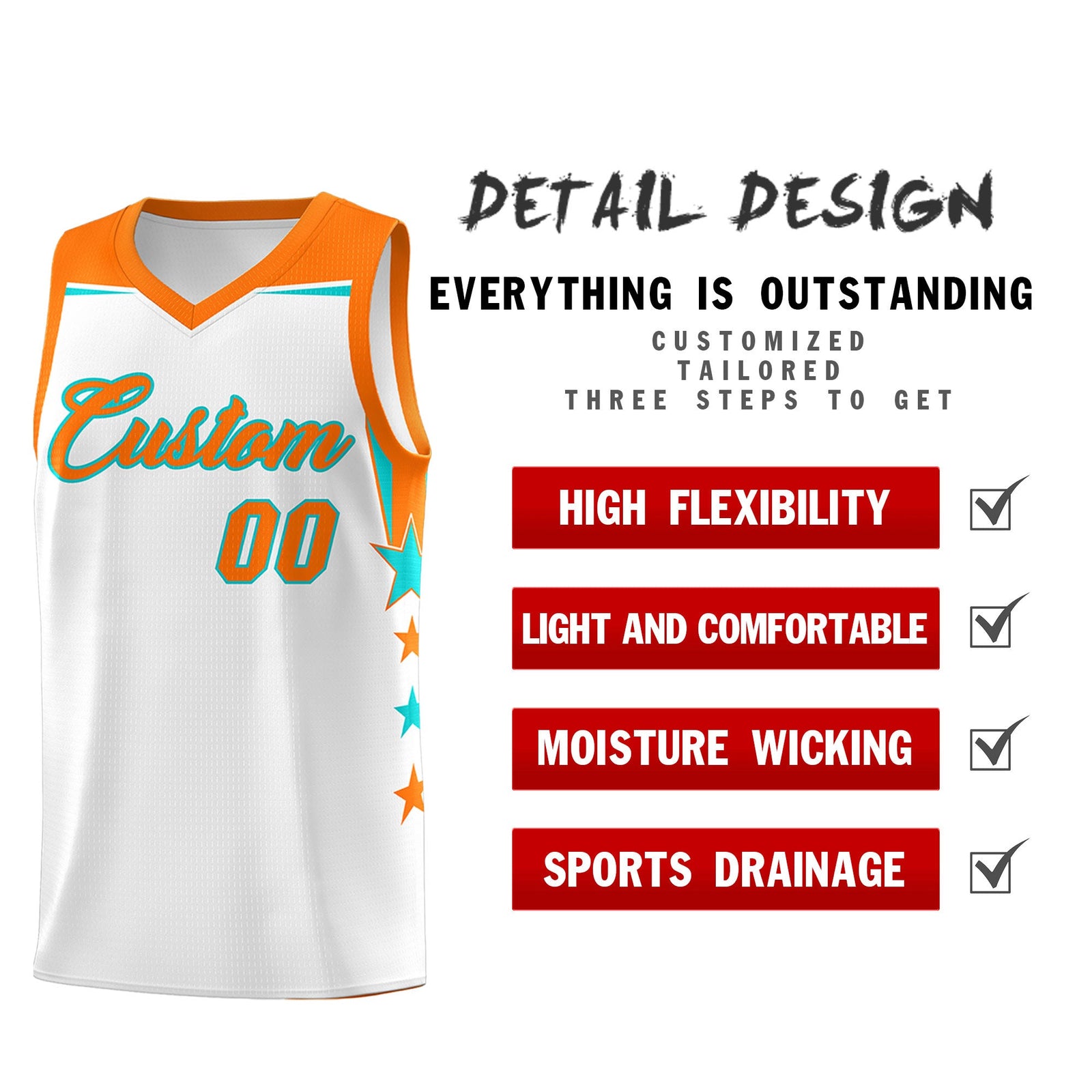 Custom Youth Basketball Uniform White Orange Two Tone Side Star Color Block Team Jersey