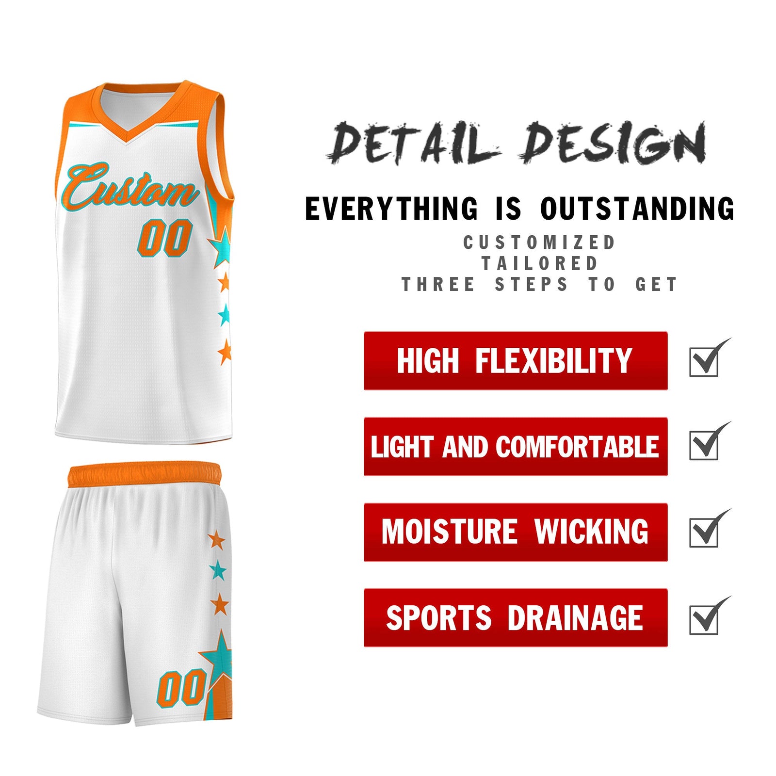 Custom Youth Basketball Uniform White Orange Two Tone Side Star Color Block Team Jersey