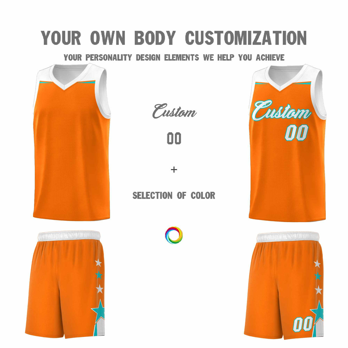 Custom Youth Basketball Uniform Orange White Two Tone Side Star Add Name Number & Logo