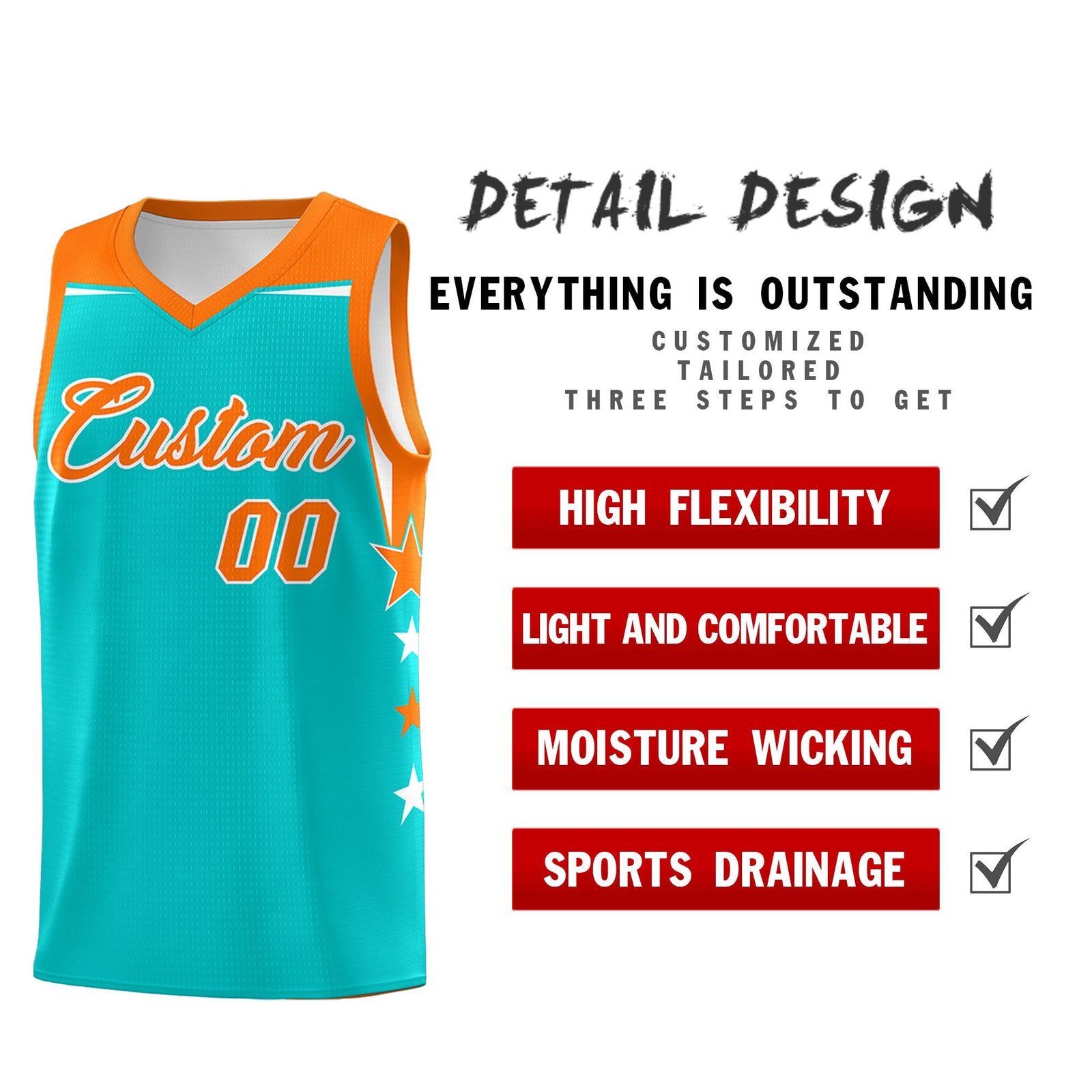 Custom Youth Basketball Uniform Aqua Orange Two Tone Side Star Personalized Team Jersey
