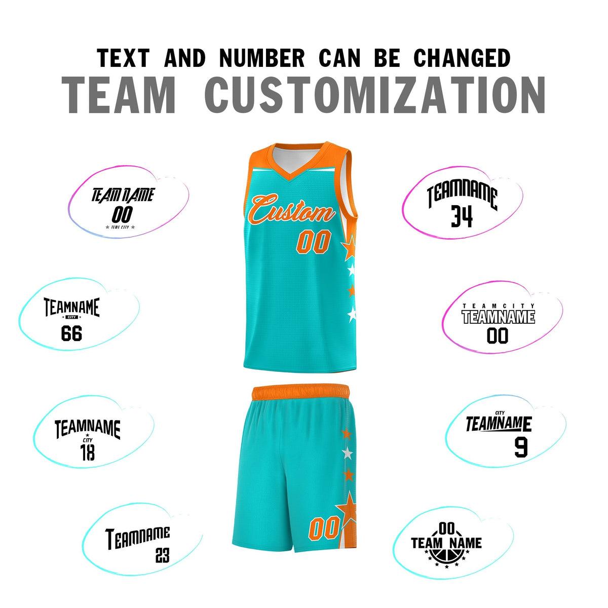 Custom Youth Basketball Uniform Aqua Orange Two Tone Side Star Personalized Team Jersey