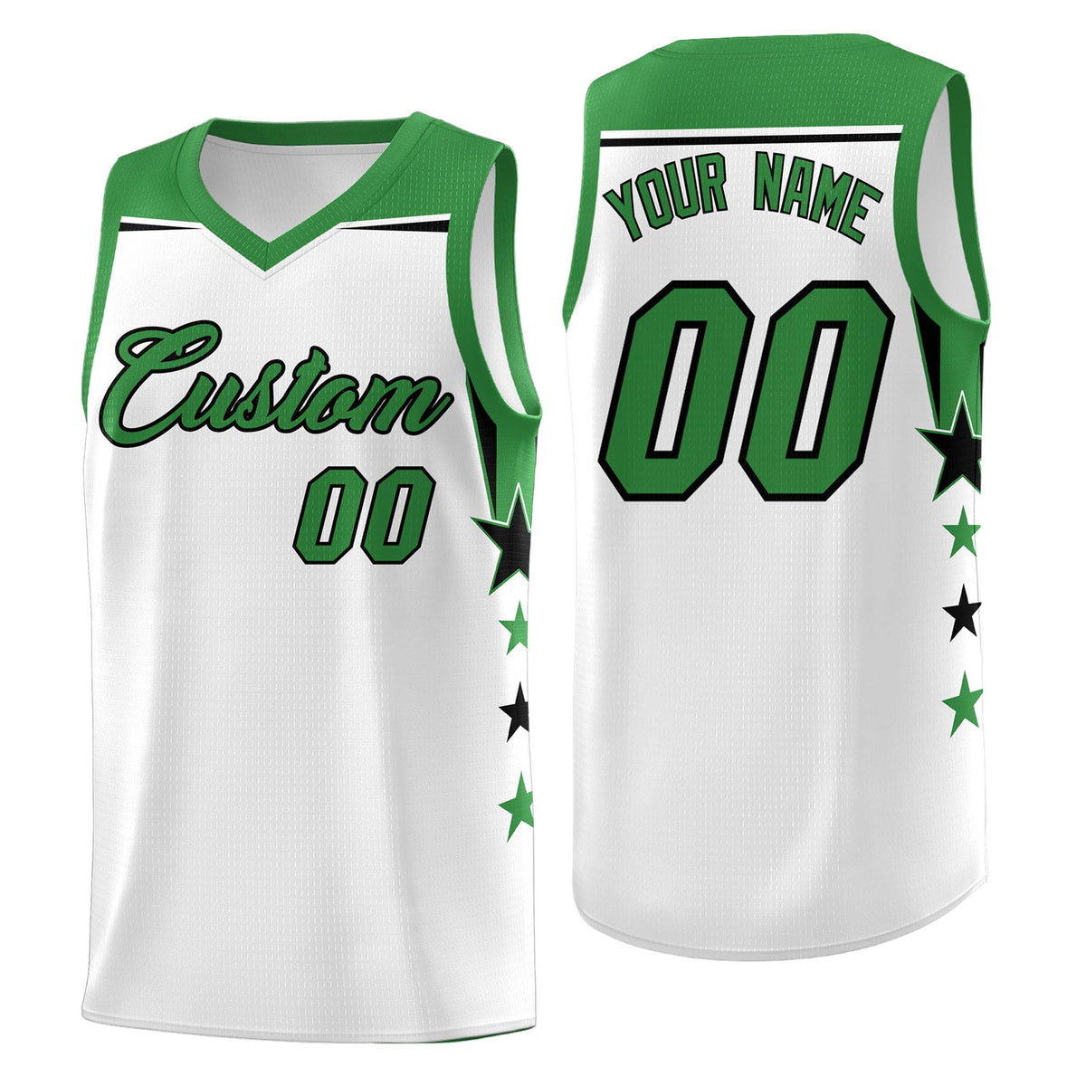 Custom Youth Basketball Uniform White Kelly Green Two Tone Side Star Color Block Team Jersey