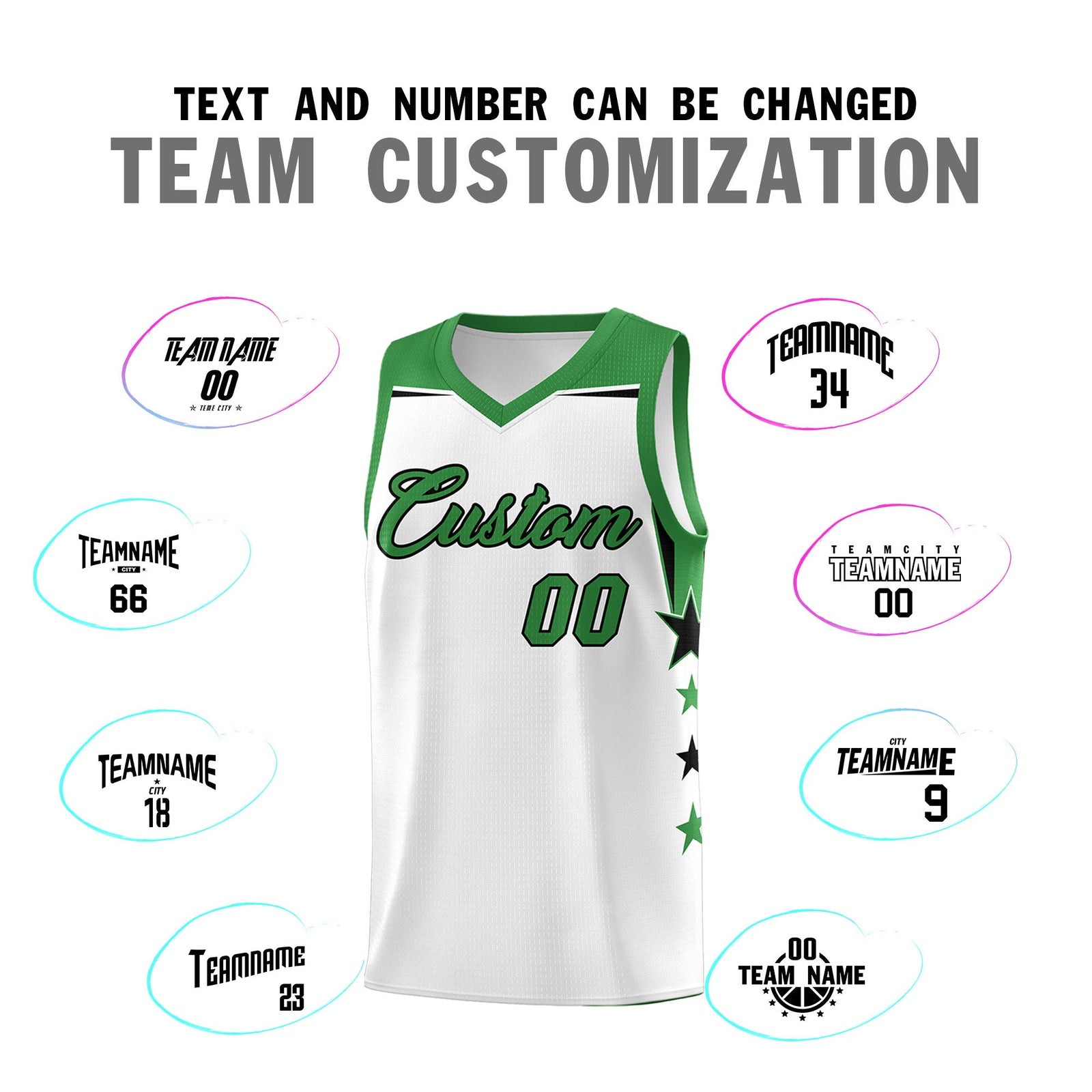Custom Youth Basketball Uniform White Kelly Green Two Tone Side Star Color Block Team Jersey