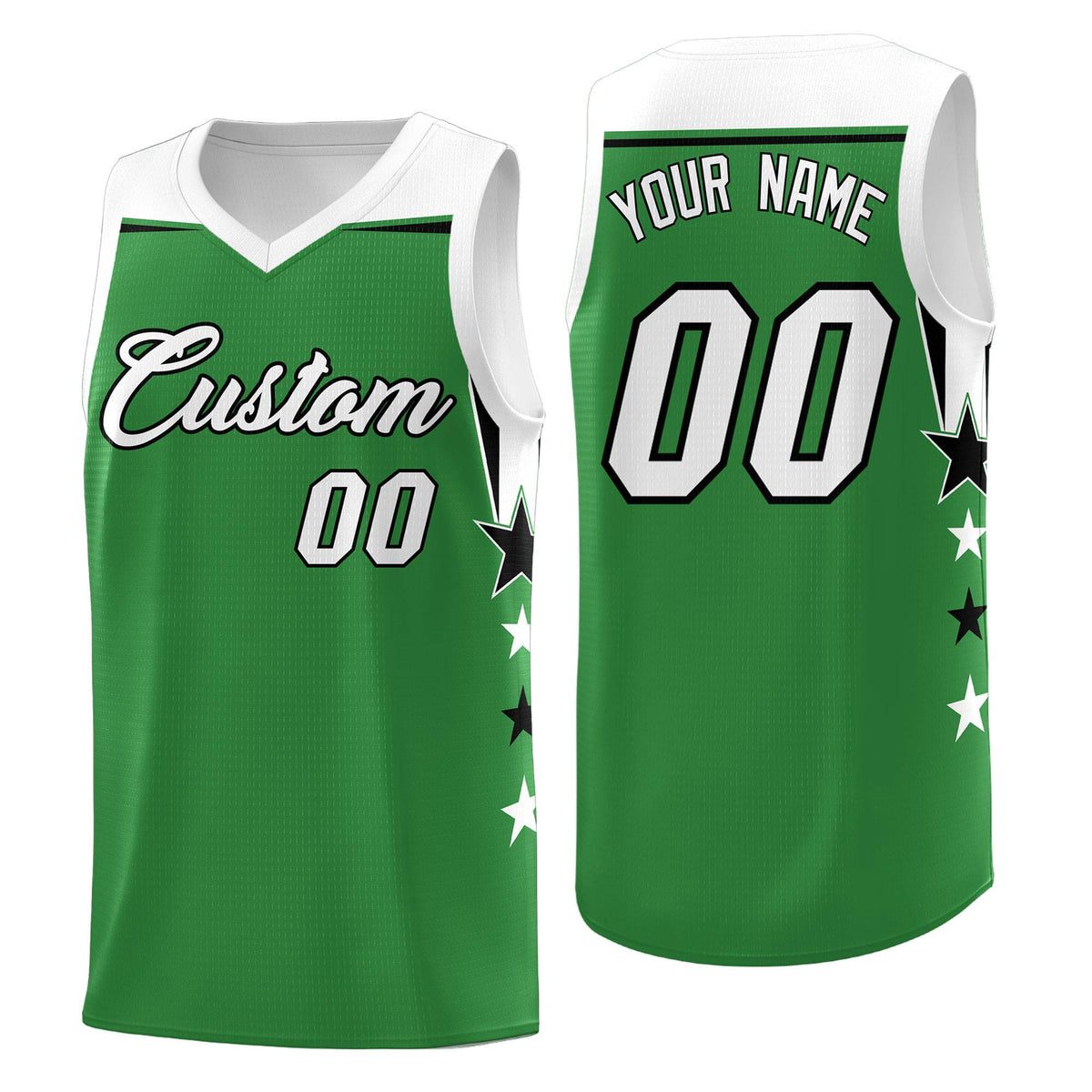 Custom Youth Basketball Uniform Kelly Green White Two Tone Side Star Add Name Number & Logo