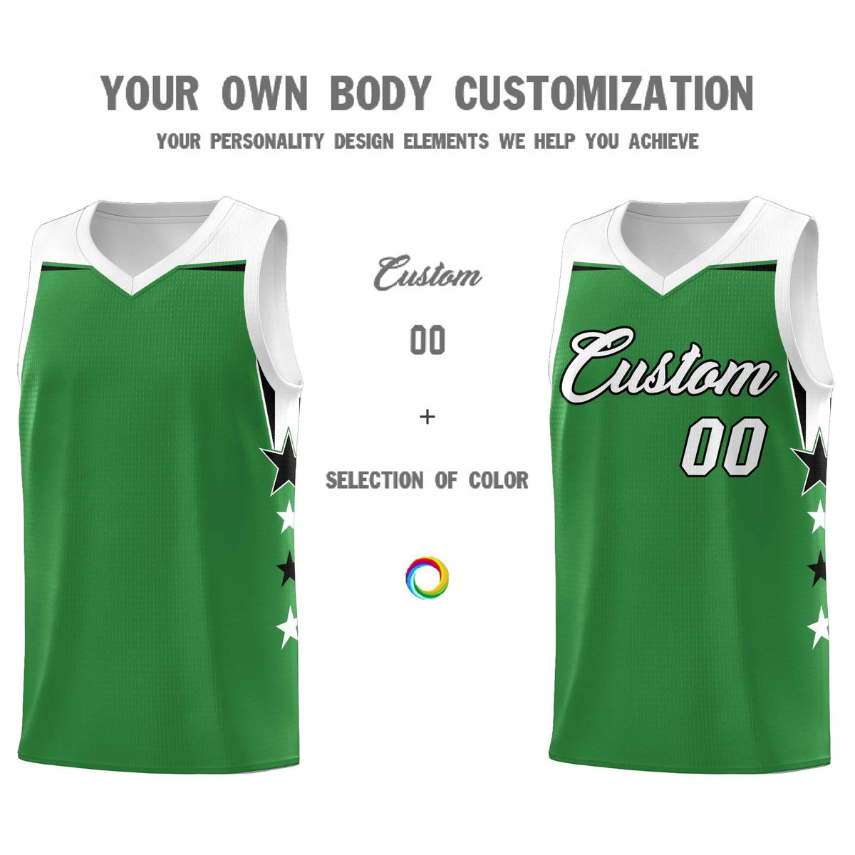 Custom Youth Basketball Uniform Kelly Green White Two Tone Side Star Add Name Number & Logo