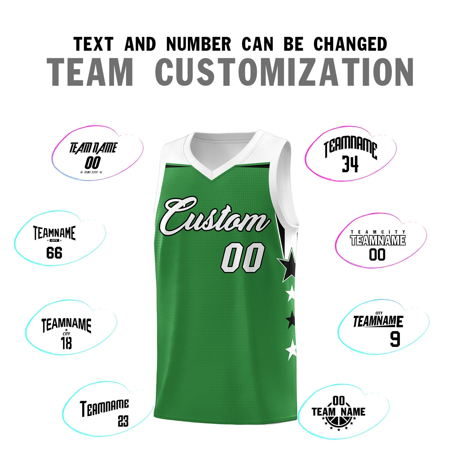 Custom Youth Basketball Uniform Kelly Green White Two Tone Side Star Add Name Number & Logo