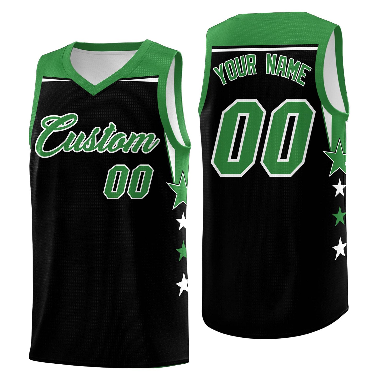 Custom Youth Basketball Uniform Black Kelly Green Two Tone Side Star Personalized Team Jersey