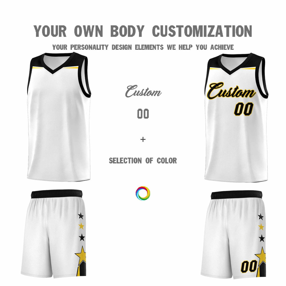 Custom Youth Basketball Uniform White Black Two Tone Side Star Color Block Team Jersey