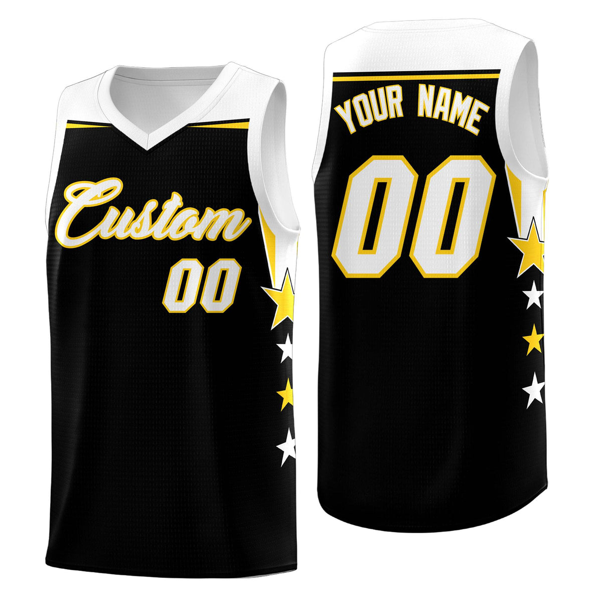 Custom Youth Basketball Uniform Black White Two Tone Side Star Add Name Number & Logo