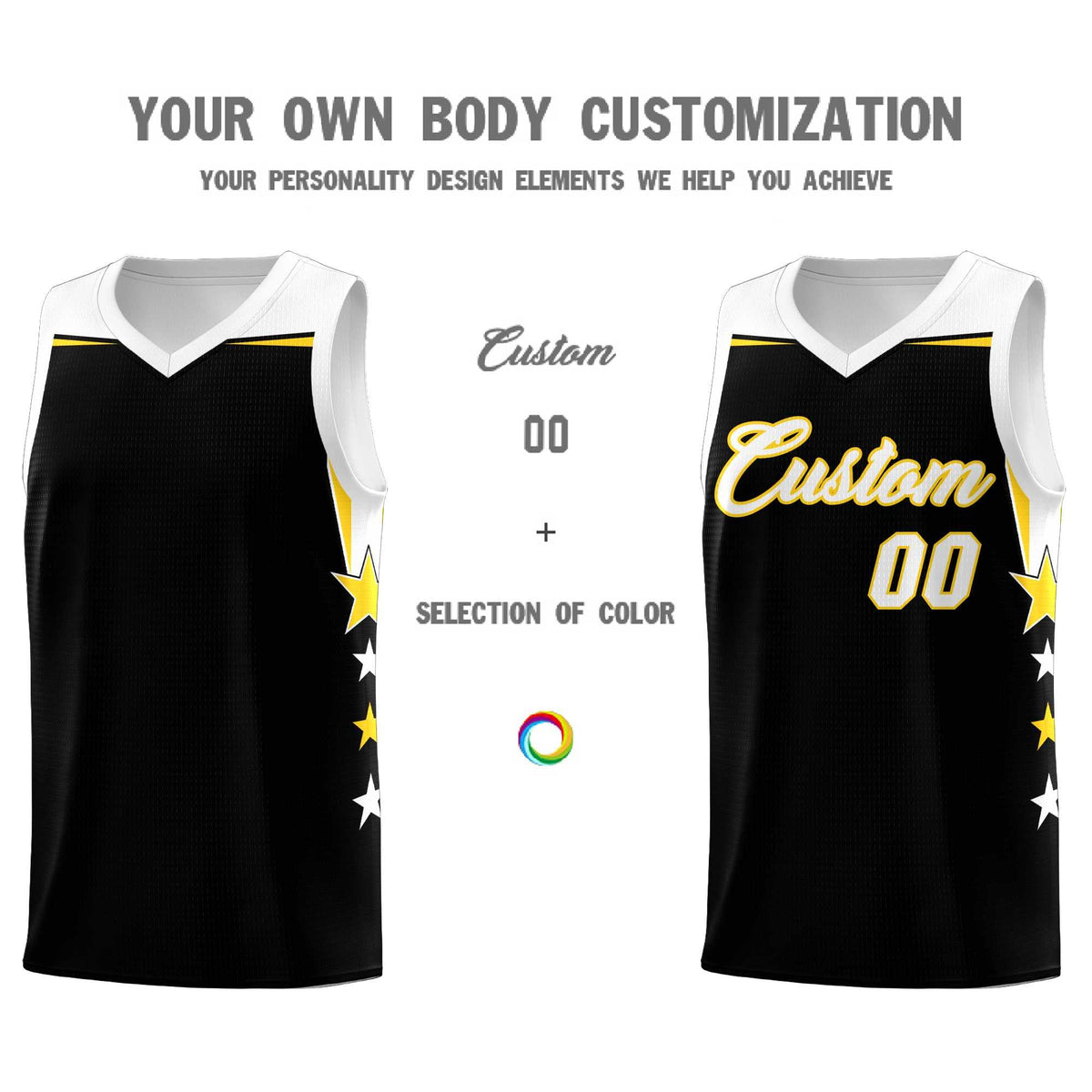 Custom Youth Basketball Uniform Black White Two Tone Side Star Add Name Number & Logo